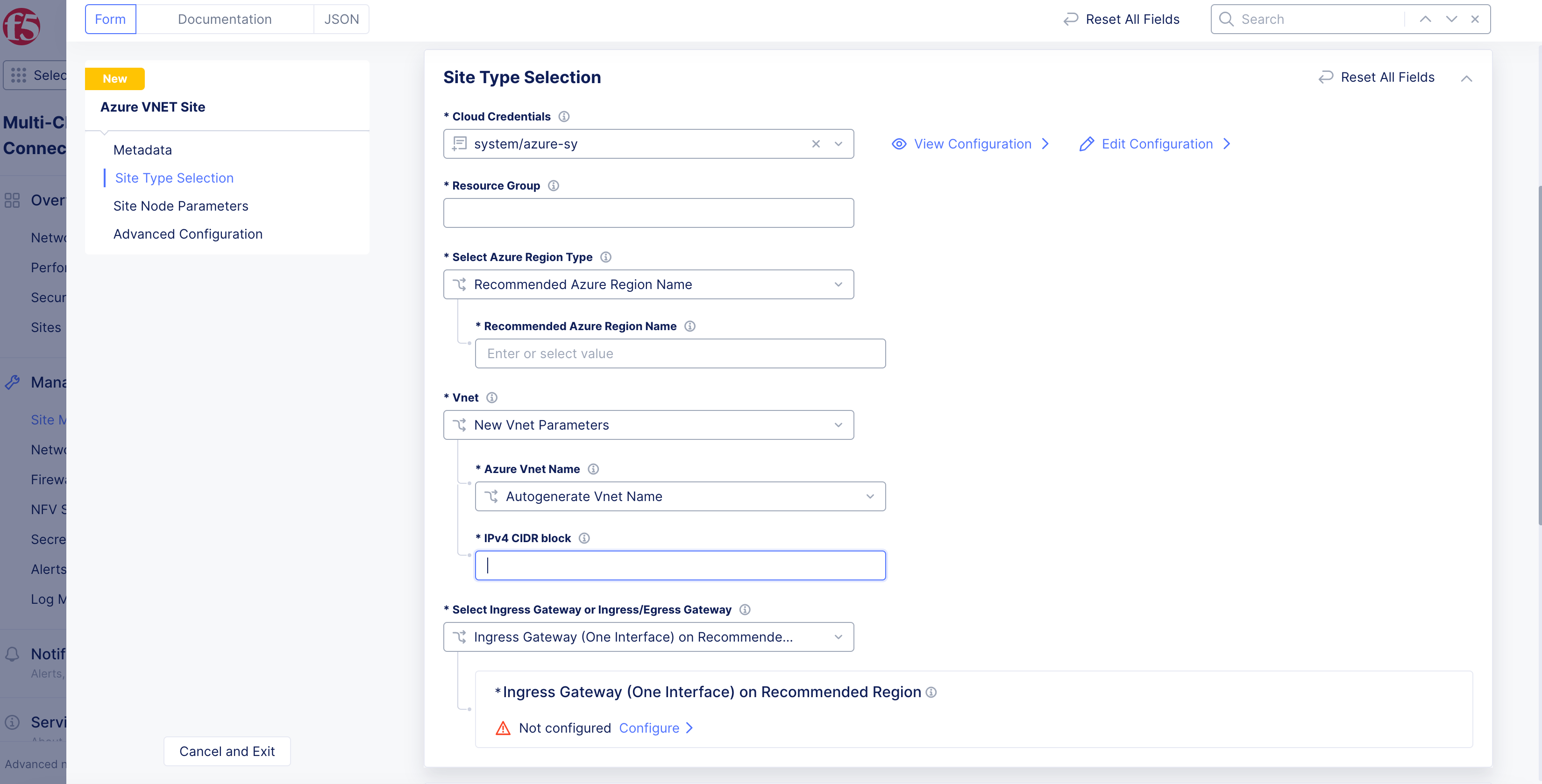 Figure: Site VNet Parameters