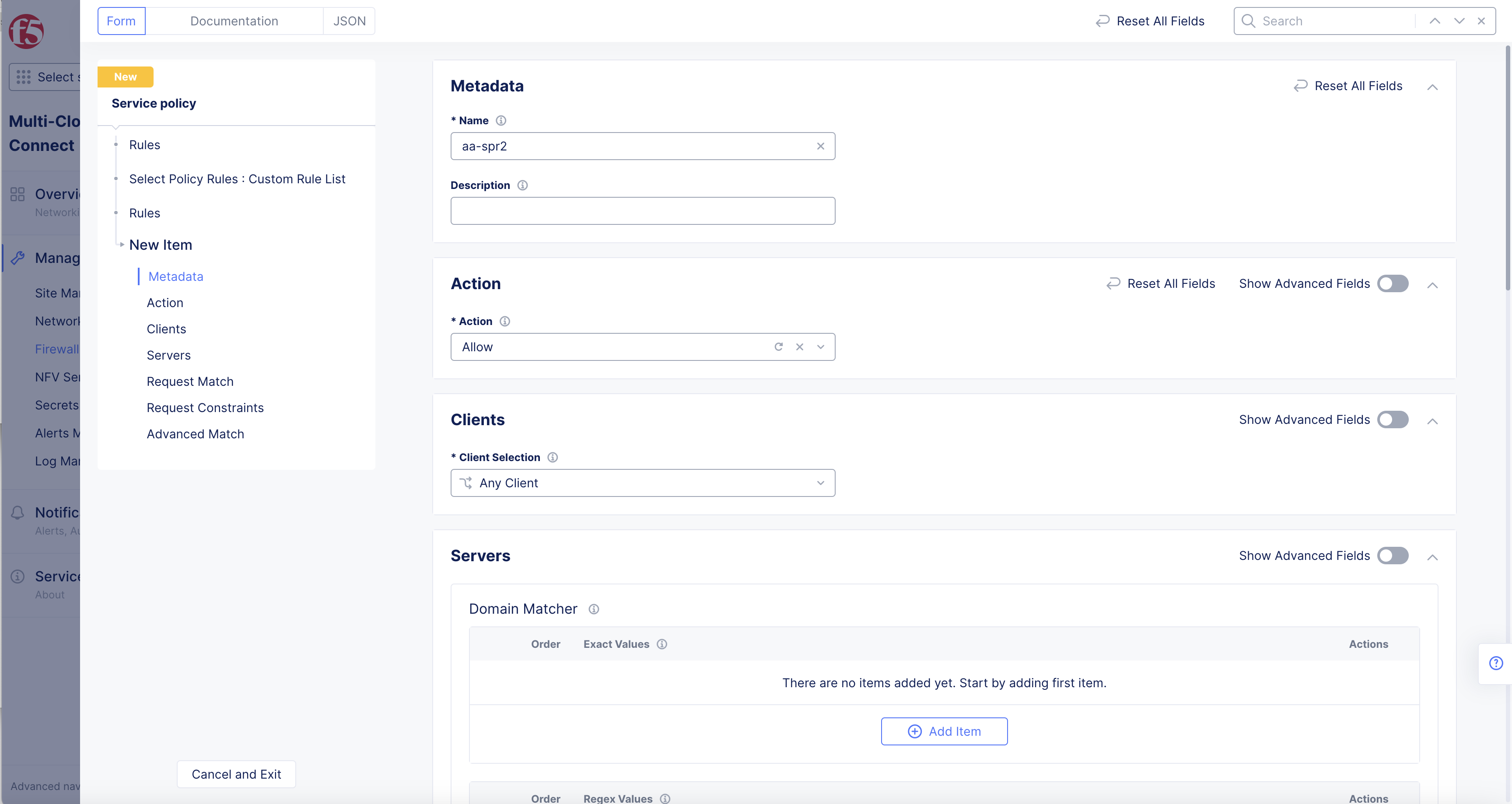 Figure: Service Policy Form